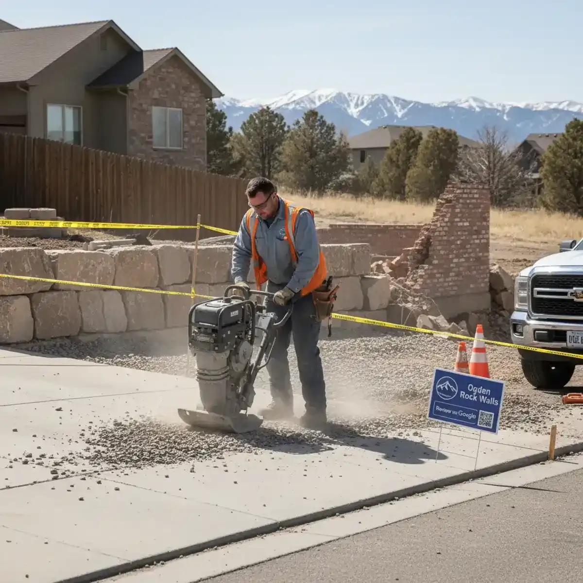 Boulder retaining wall installation in progress in Ogden, UT