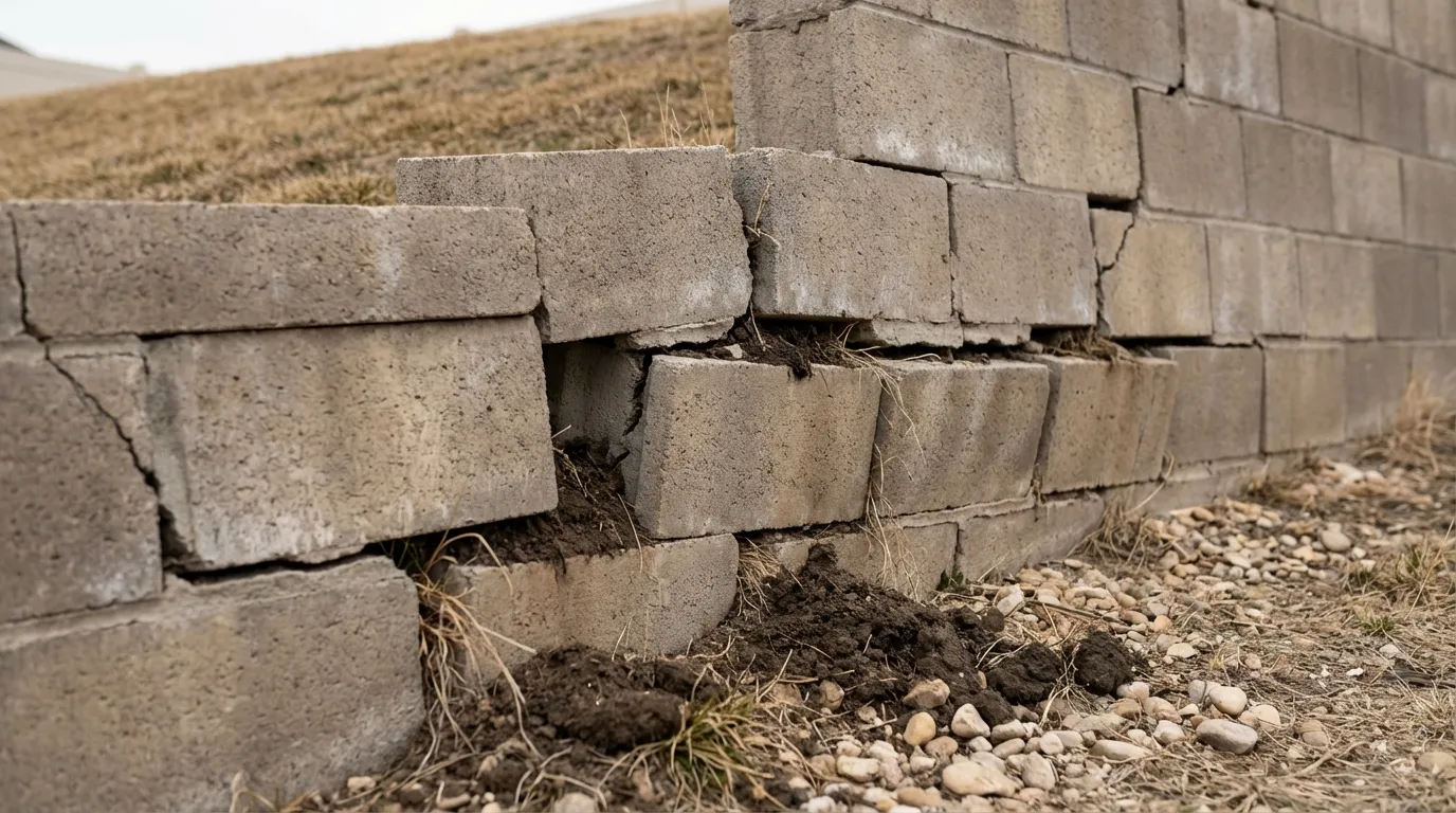 Cracked and leaning retaining wall showing signs of structural failure