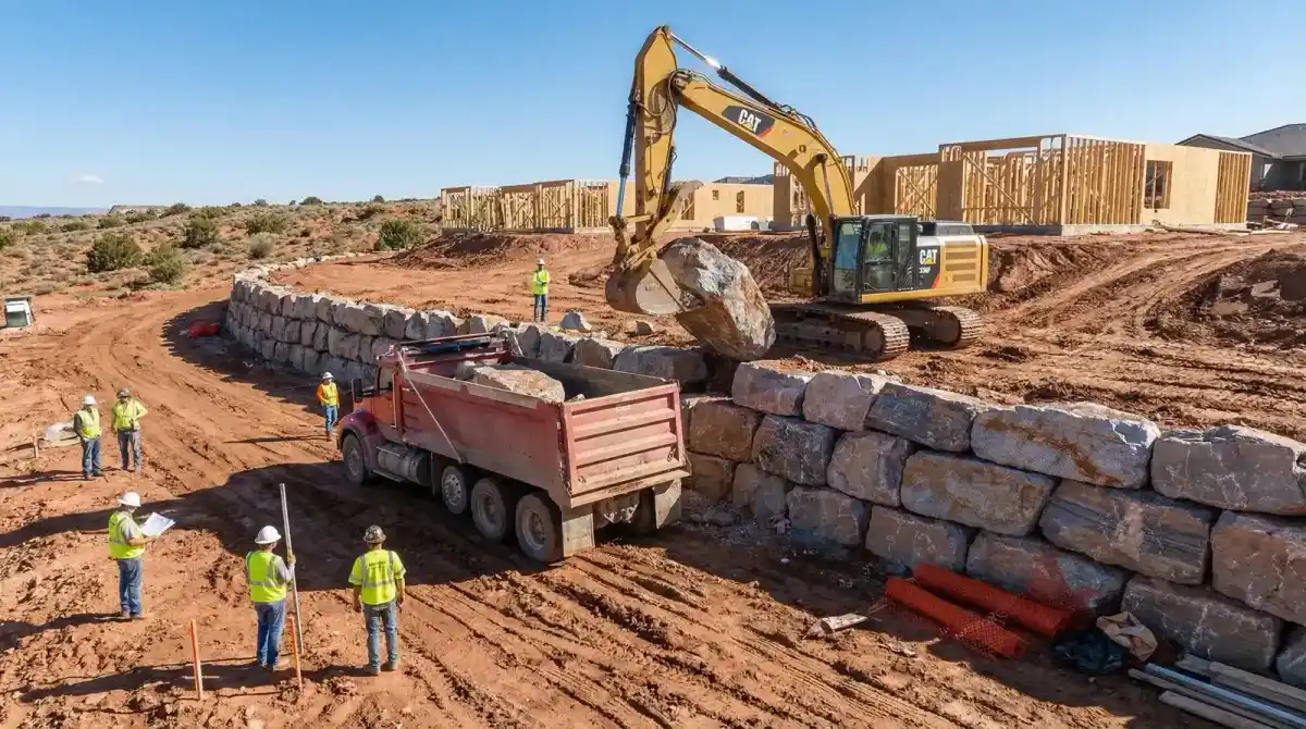 Large-scale commercial boulder retaining wall construction at a housing development