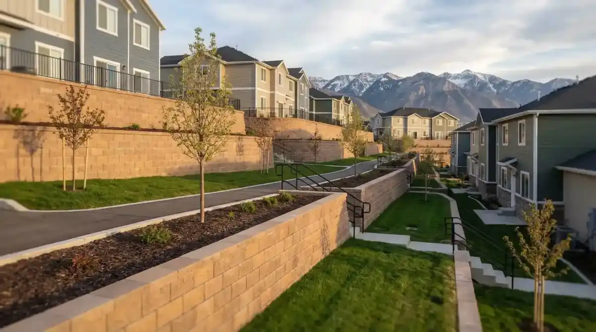 Terraced retaining wall system at a multi-unit residential development in Utah