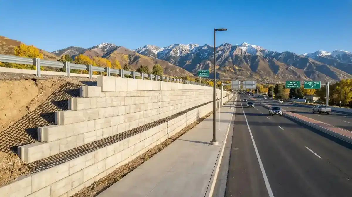 Tall engineered retaining wall along a municipal road in northern Utah