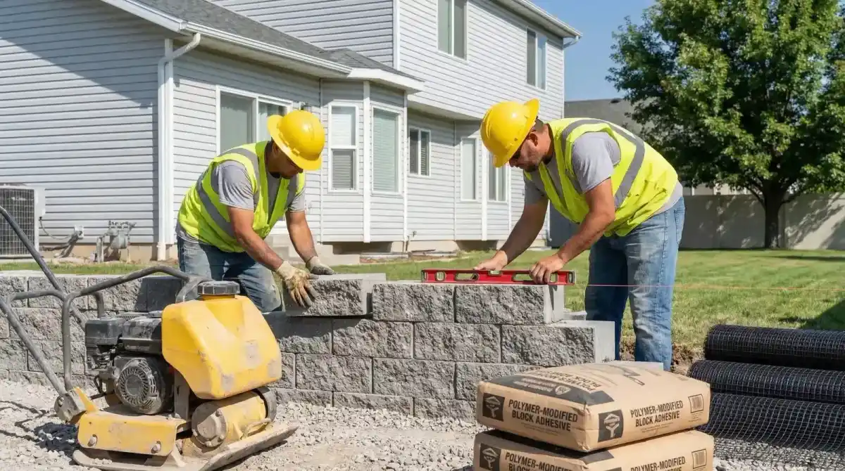 Workers building a concrete block retaining wall with level and string line