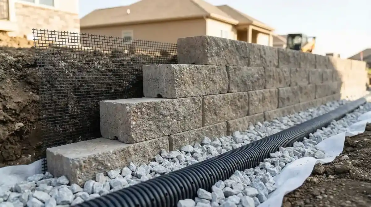 Close-up of interlocking block pattern with geogrid and drain rock behind wall