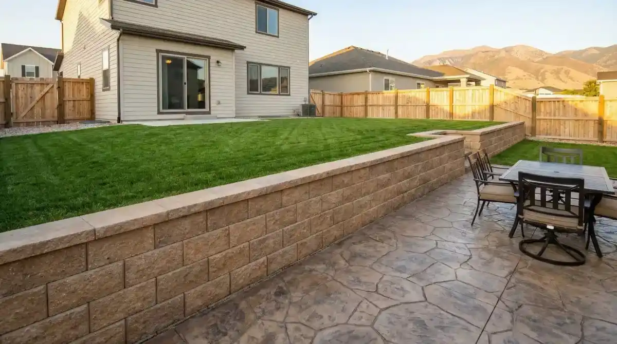 Completed concrete block retaining wall with capstones in a residential backyard