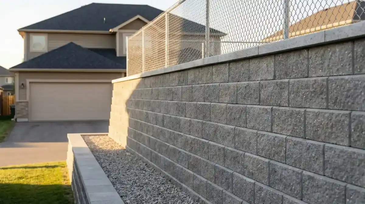 Tall 8-foot engineered concrete block retaining wall in a residential side yard