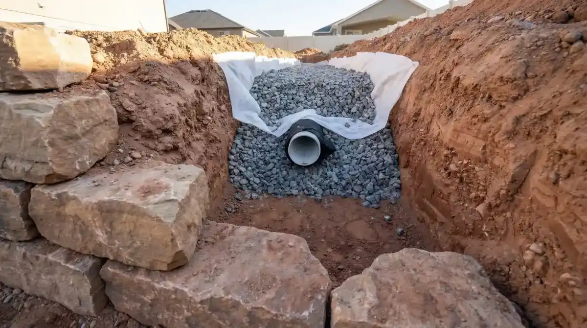 Cross-section of French drain trench showing pipe, drain rock, and filter fabric