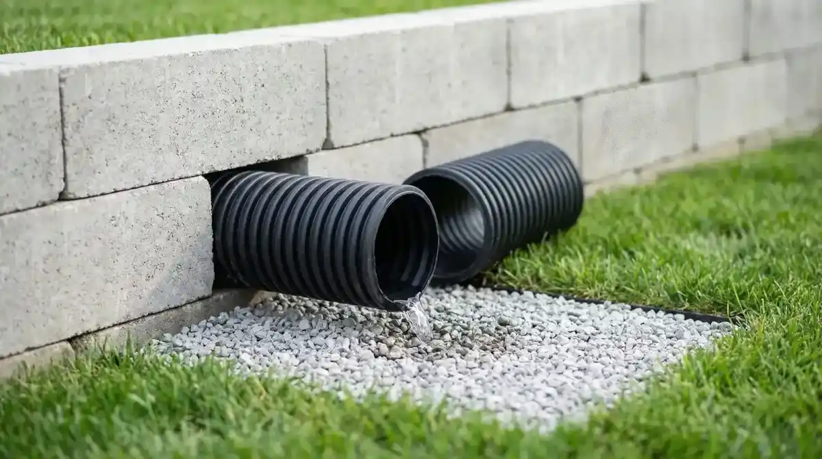 Drain pipe outlet at the base of a retaining wall with water flowing