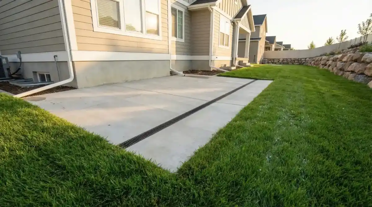 Completed yard drainage system with channel drain on residential patio