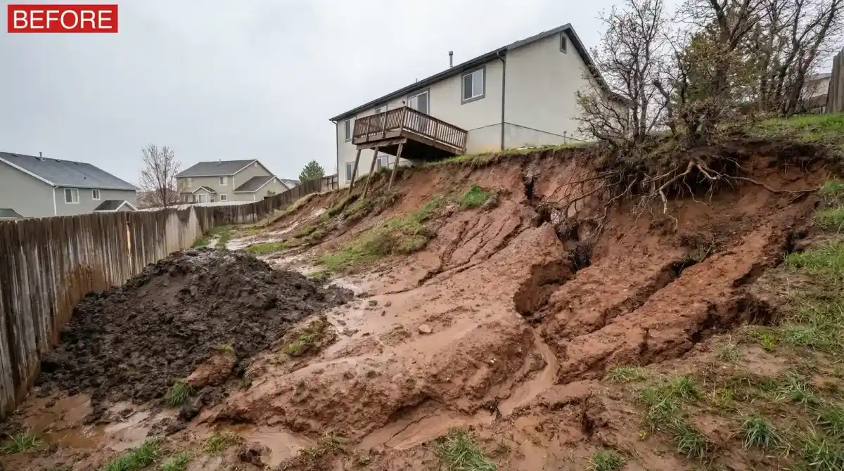 Before: severe hillside erosion damage in a residential backyard