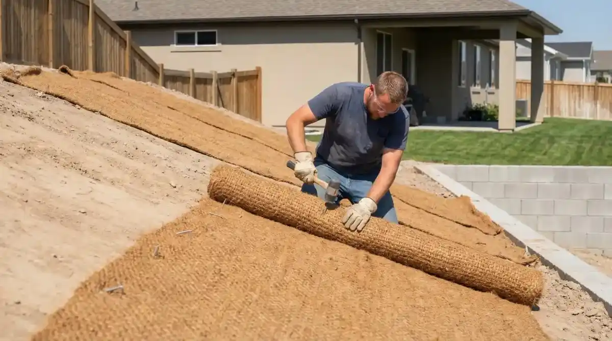 Erosion control blanket being installed on a freshly graded residential slope