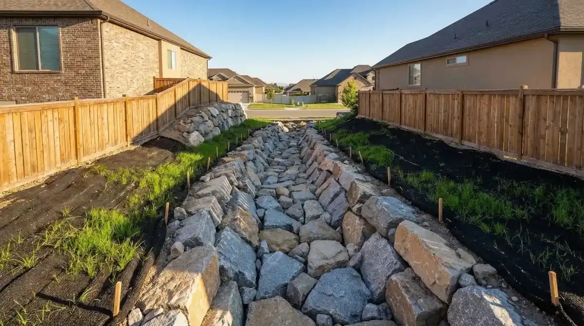 Riprap erosion control along a drainage channel between residential properties