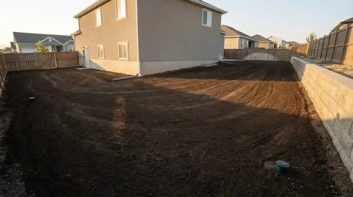 Completed landscape grading with smooth topsoil ready for sod in a Utah yard