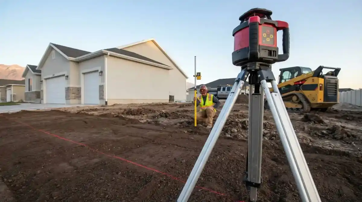 Laser level setup for precision grading on a residential property