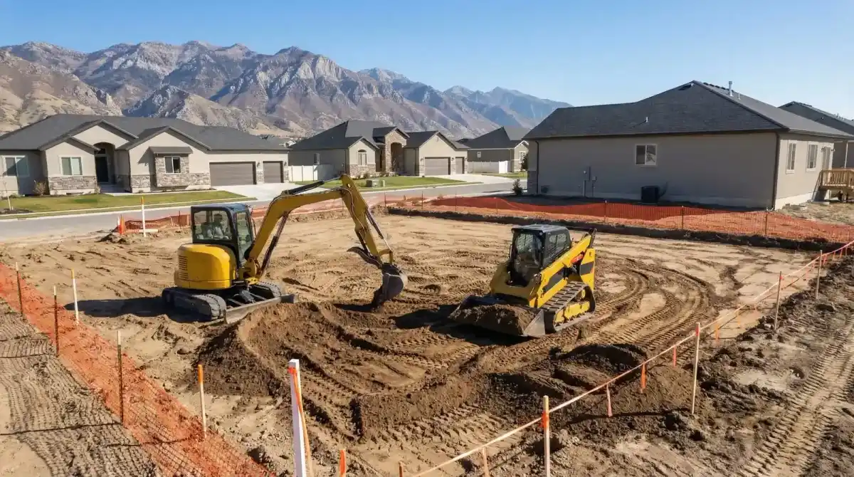 New construction site grading with excavator shaping residential lot
