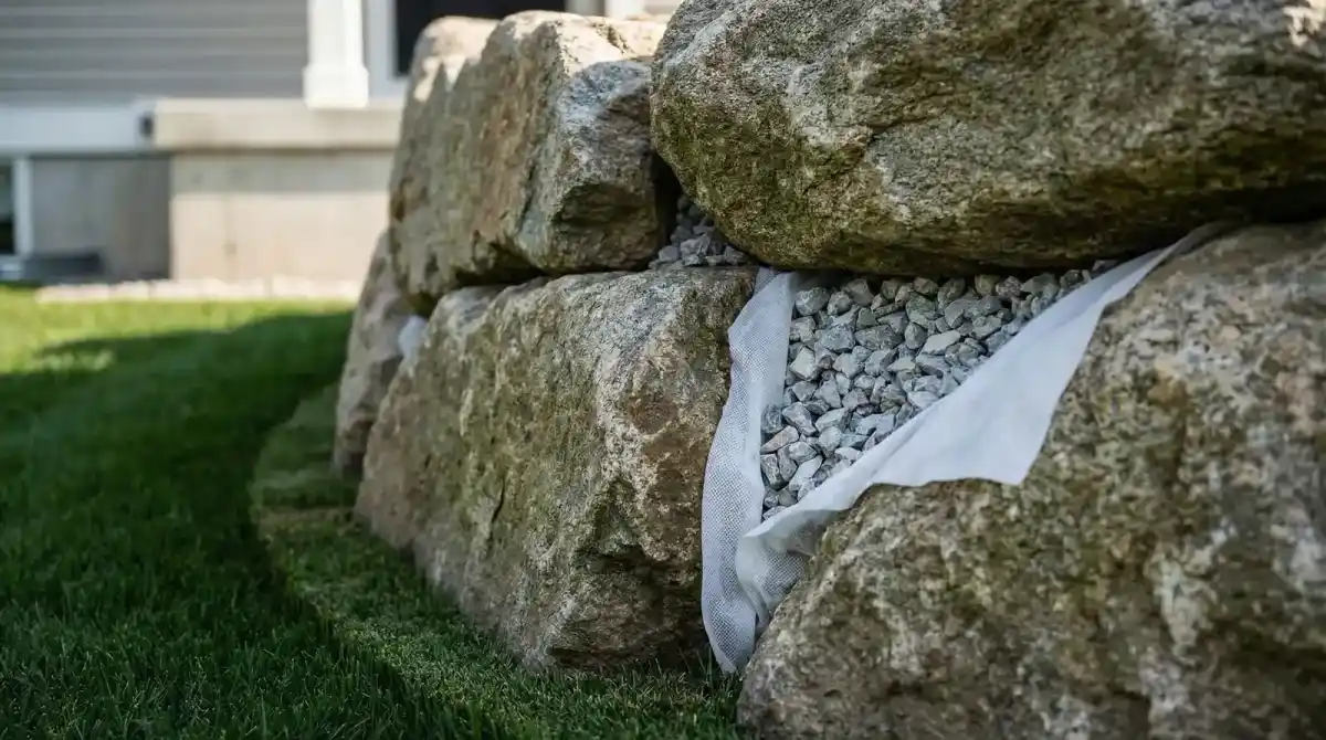 Close-up of interlocking boulder wall with drainage gravel behind