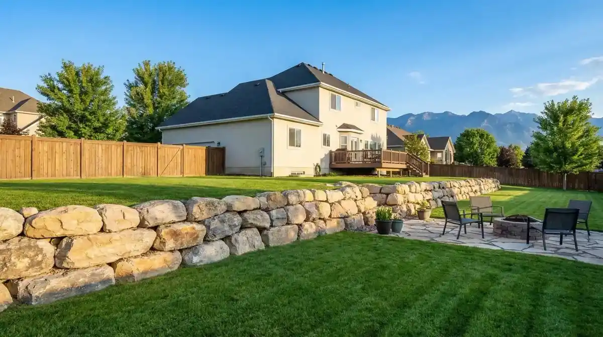 Completed boulder retaining wall creating level yard space in a Utah home