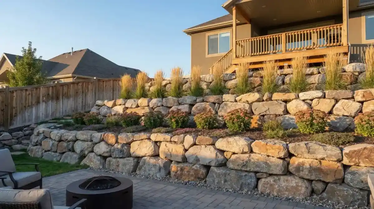 Three-tier terraced boulder retaining wall in a residential backyard in Ogden, UT