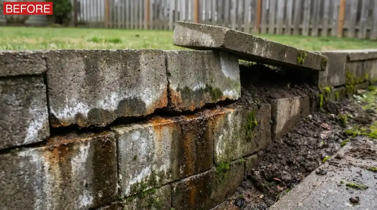 Before: close-up of cracked and water-damaged retaining wall