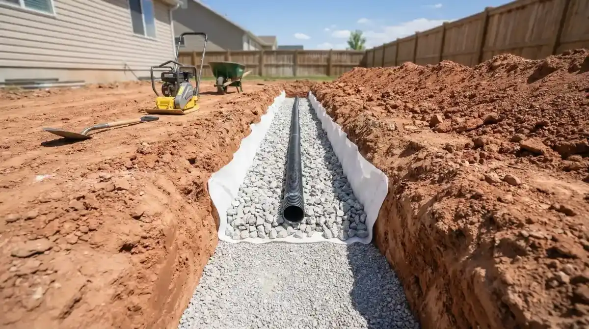 New drainage system being installed during retaining wall repair