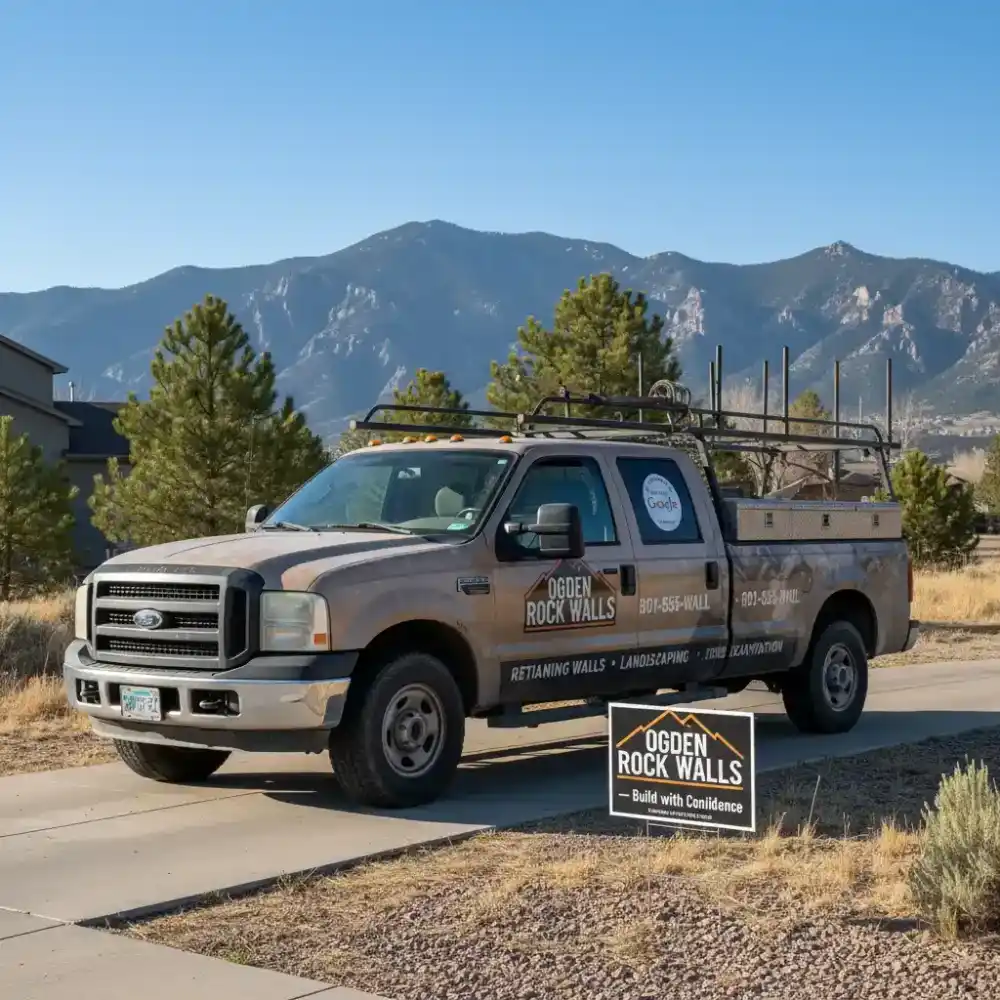 Ogden Rock Walls branded truck delivering materials to a retaining wall job site